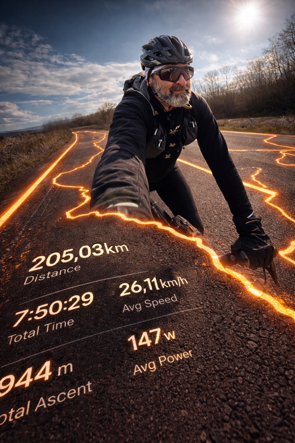 Poster sa breveta od 200 kilometara: 205,03 km, ukupno vreme 7 sati i 50 minuta, prosečna brzina 26,11 km/h.